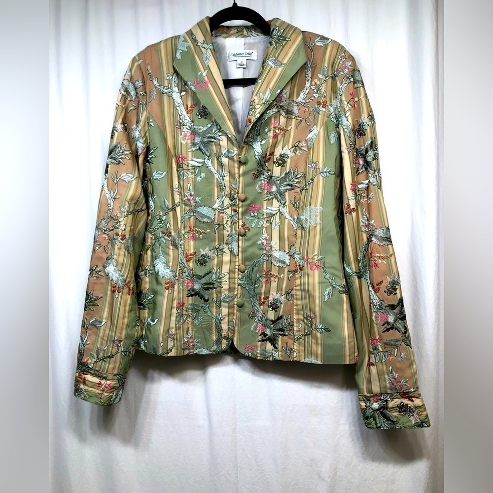 Coldwater Creek Green Yellow Striped Embroidered Floral Jacket Blazer Medium